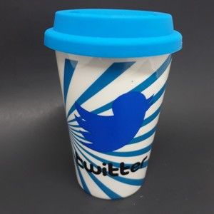 Twitter Ceramic Coffee Tumbler Mug With Silicone Lid Blue and White 10oz to 12oz